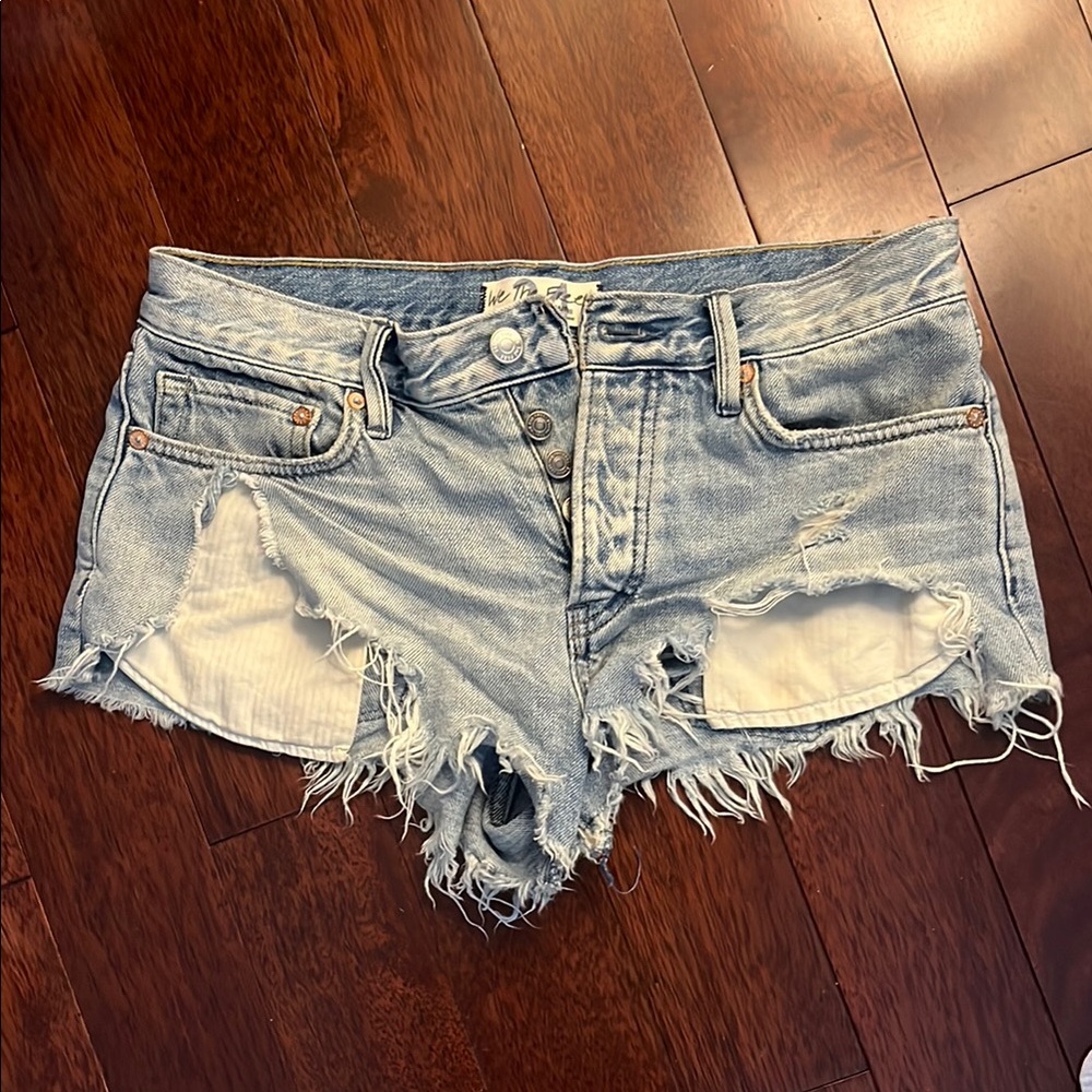 Free People Blue Distressed Jean Shorts - Picture 2 of 4